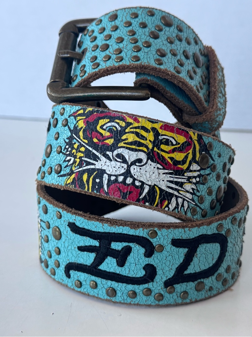 Ed Hardy Y2K Teal Distressed Leather Studded Tiger Belt